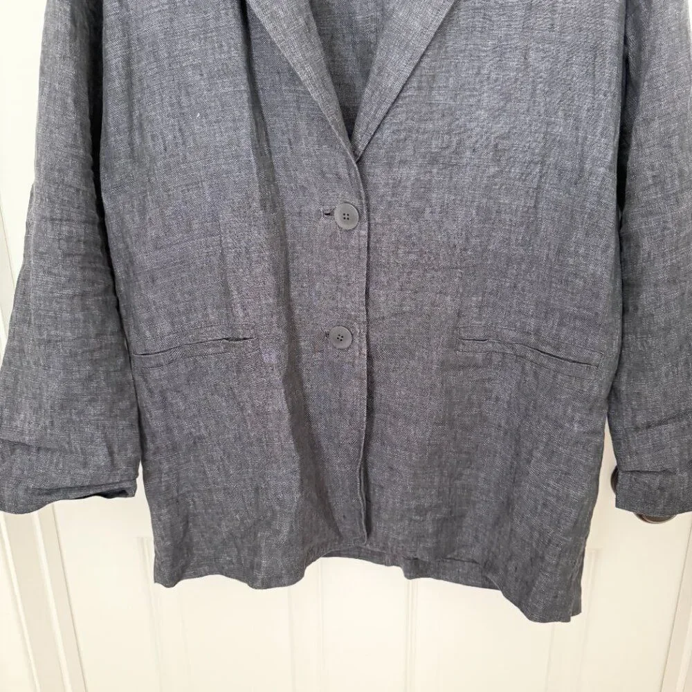 Women Eileen Fisher Linen Denim Two Button Lightweight Blazer Black Extra Small